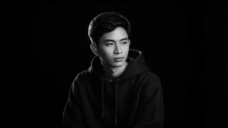 Black and white portrait of digital designer Jude Panotes wearing a plain black hoodie against a dark studio background.